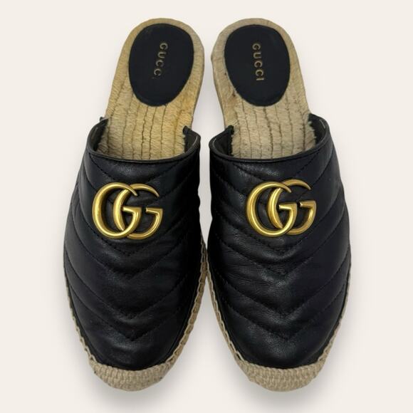 Gucci Marmont Matelasse Espadrille Slipper Black Leather Gold GG Slip On 37.5 - Picture 1 of 11